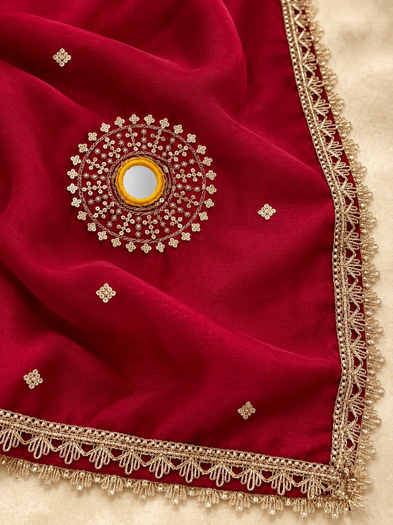 Rani Pink Chinon Dupatta with Mirror & Sequin Work