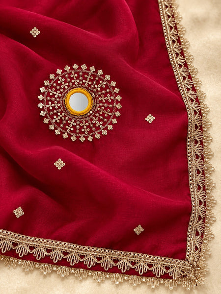 Rani Pink Chinon Dupatta with Mirror & Sequin Work