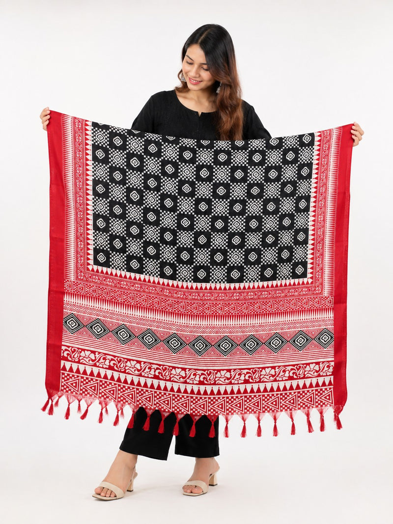Women’s Art Silk Geometric Printed Dupatta with Contrast Border and Tassels