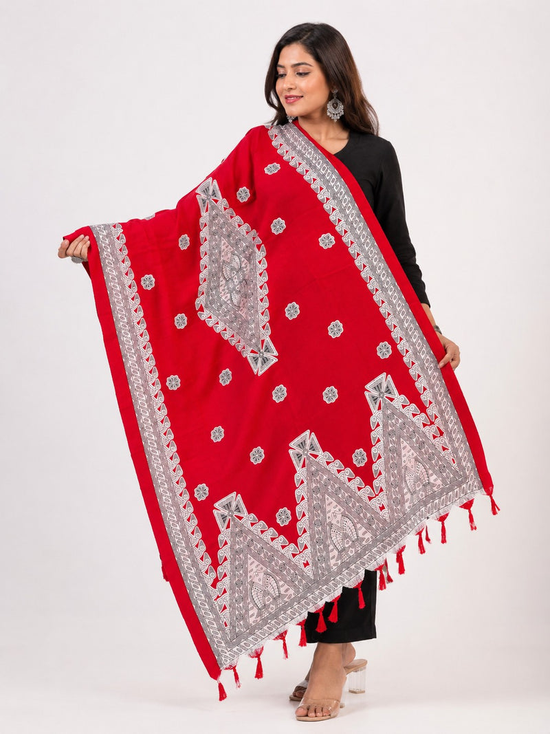 Women’s Red Art Silk Traditional Printed Dupatta with Contrast Border and Tassels
