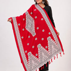 Women’s Red Art Silk Traditional Printed Dupatta with Contrast Border and Tassels