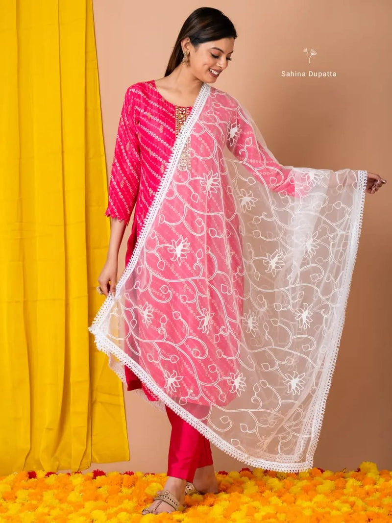 White Net Thread Work Dupatta with Floral Embroidery – Elegant Ethnic Wear for Women | Sahina Dupatta