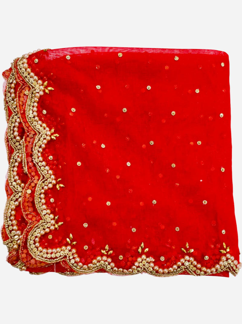 Red Bridal Net Dupatta with Cut Work & Pearl Lace Border | Heavy Embroidered Wedding Dupatta