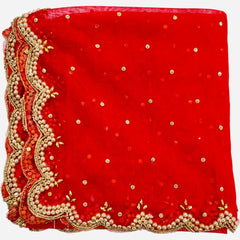 Red Bridal Net Dupatta with Cut Work & Pearl Lace Border | Heavy Embroidered Wedding Dupatta