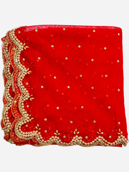 Red Bridal Net Dupatta with Cut Work & Pearl Lace Border | Heavy Embroidered Wedding Dupatta