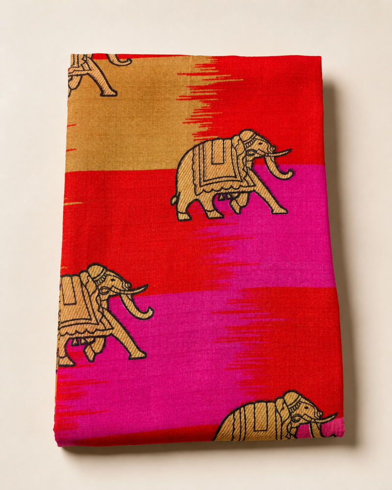 Multicolour Art Silk Elephant Printed Dupatta with Black Border & Tassels for Women