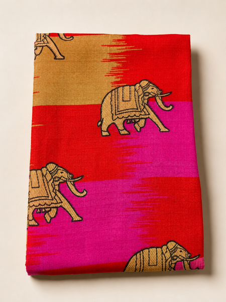 Multicolour Art Silk Elephant Printed Dupatta with Black Border & Tassels for Women