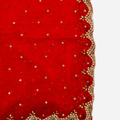 Red Bridal Net Dupatta with Cut Work & Pearl Lace Border | Heavy Embroidered Wedding Dupatta