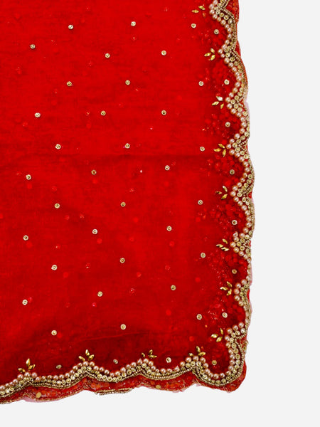 Red Bridal Net Dupatta with Cut Work & Pearl Lace Border | Heavy Embroidered Wedding Dupatta