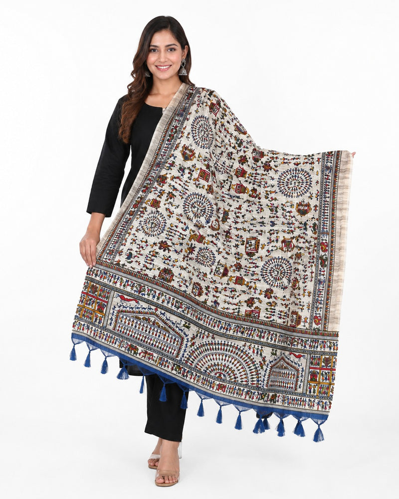 Women’s Art Silk Multicolour Folk Printed Dupatta with Border and Tassels