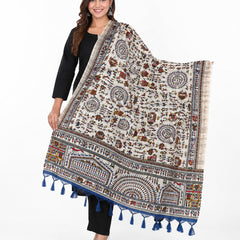 Women’s Art Silk Multicolour Folk Printed Dupatta with Border and Tassels