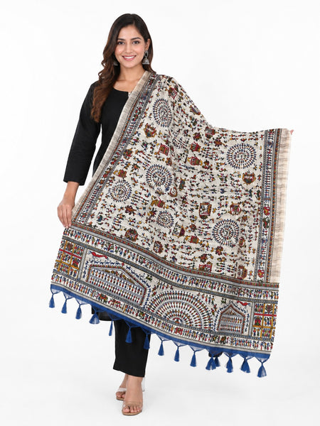 Women’s Art Silk Multicolour Folk Printed Dupatta with Border and Tassels