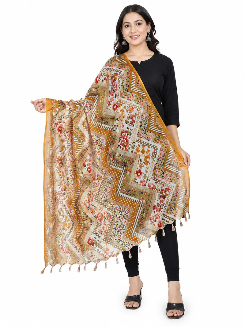Women’s Art Silk Multicolour Floral Geometric Printed Dupatta with Tassels