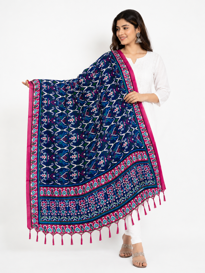 Navy Blue Art Silk Printed Dupatta with Pink Border & Tassels for Women