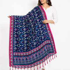 Navy Blue Art Silk Printed Dupatta with Pink Border & Tassels for Women