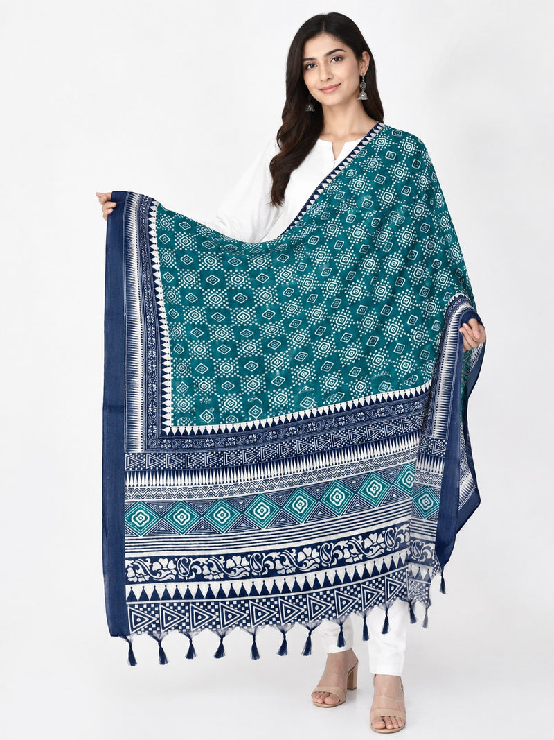 Women’s Art Silk Geometric Printed Dupatta with Contrast Border and Tassels