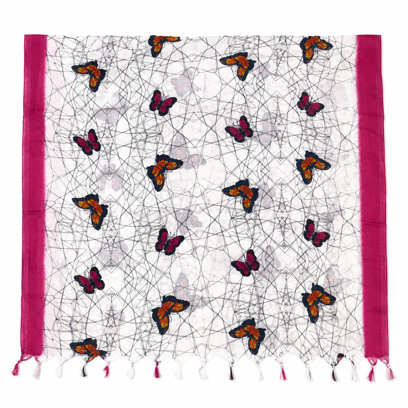 Art Silk Butterfly Printed Dupatta with Contrast Border & Tassels for Women