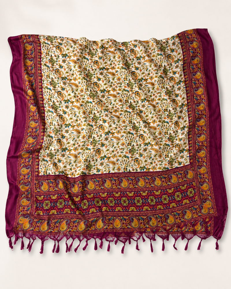 Women’s Art Silk Kalamkari Printed Dupatta with Traditional Paisley Border & Tassels