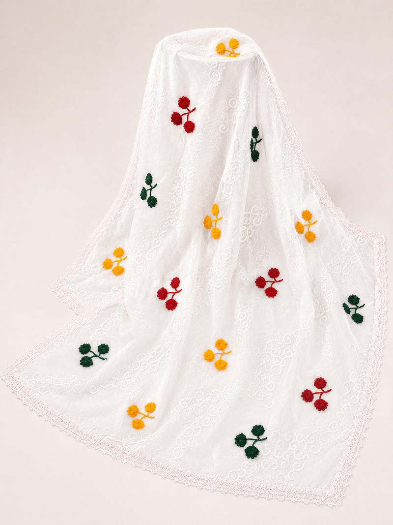 Women's White Cotton Thread Work Dupatta with Multicolor Floral Embroidery & Lace Border