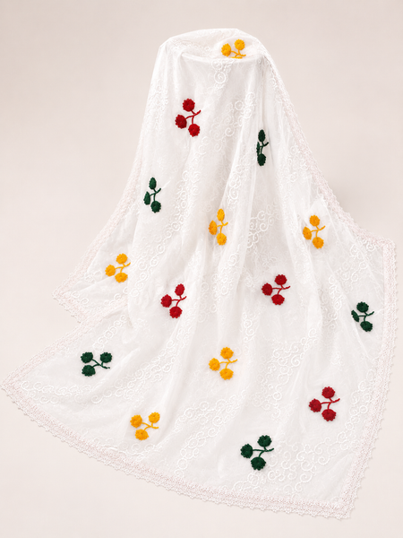 Women's White Cotton Thread Work Dupatta with Multicolor Floral Embroidery & Lace Border