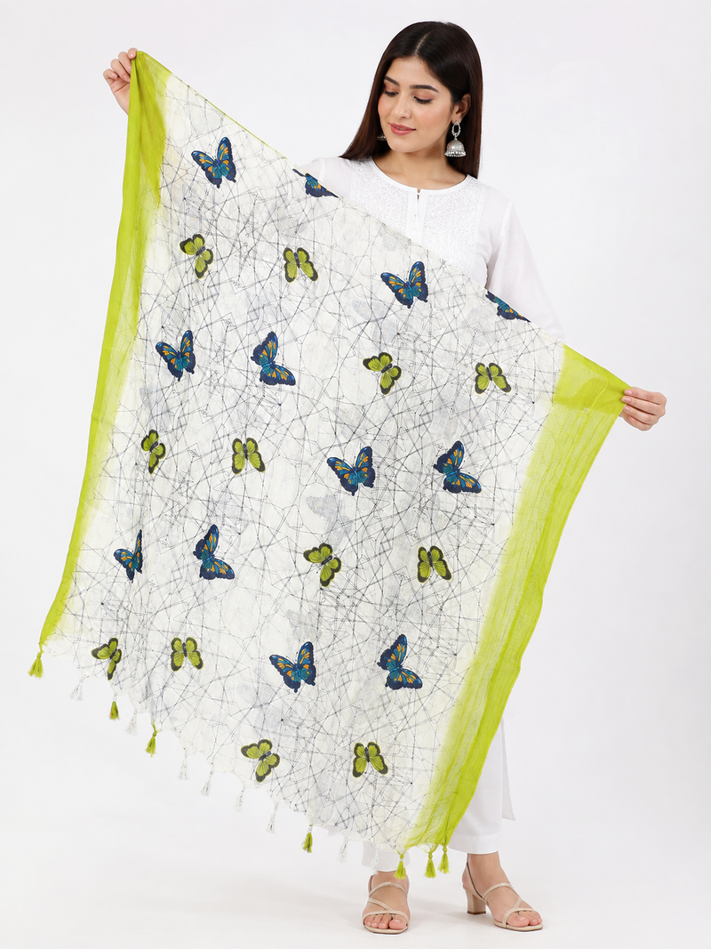 Art Silk Butterfly Printed Dupatta with Contrast Border & Tassels for Women
