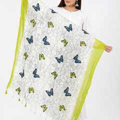 Art Silk Butterfly Printed Dupatta with Contrast Border & Tassels for Women