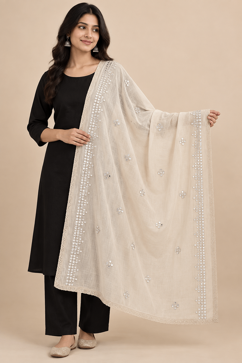 Cotton Dupatta with Sequin Mirror Work & Lace Border