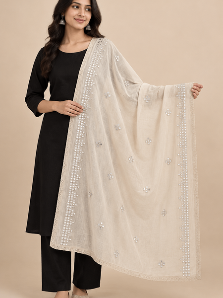 Cotton Dupatta with Sequin Mirror Work & Lace Border