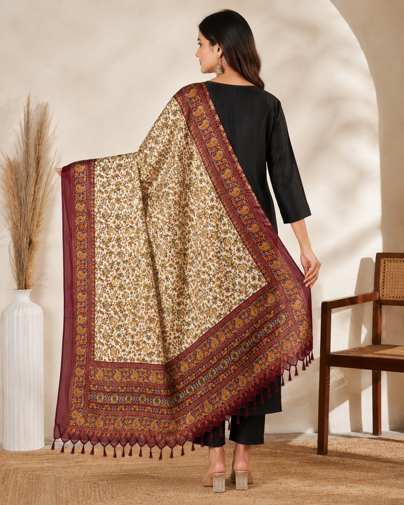Women’s Art Silk Kalamkari Printed Dupatta with Traditional Paisley Border & Tassels