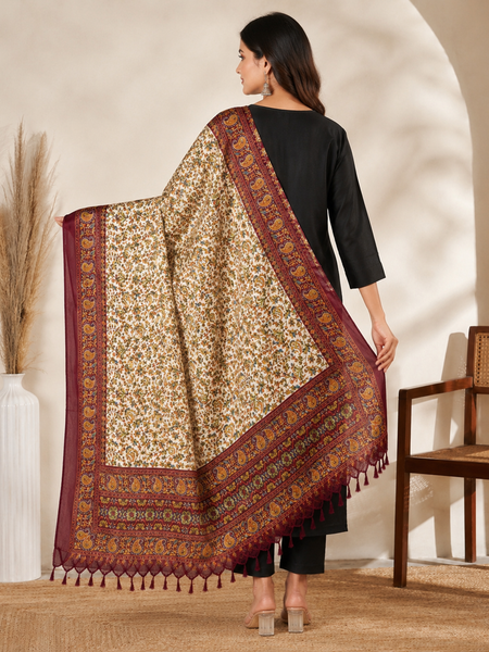 Women’s Art Silk Kalamkari Printed Dupatta with Traditional Paisley Border & Tassels