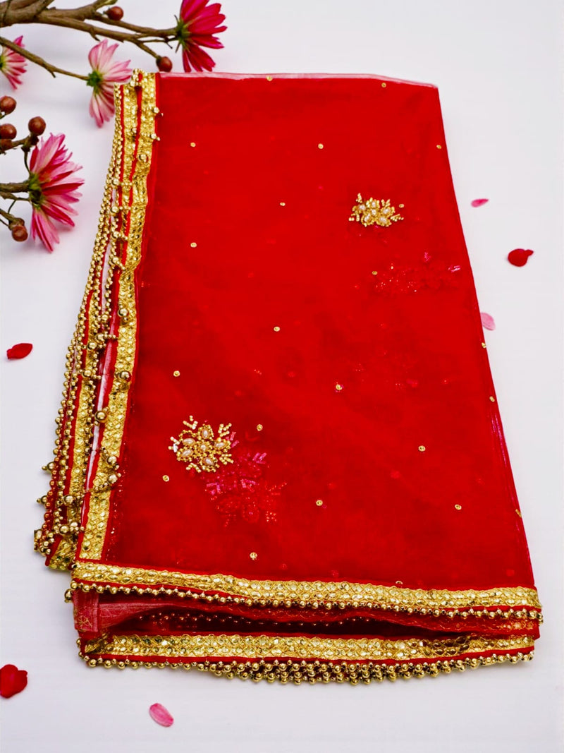 Red Bridal Net Dupatta with Golden Embroidery & Beaded Lace Border – Lightweight Wedding Dupatta