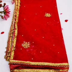 Red Bridal Net Dupatta with Golden Embroidery & Beaded Lace Border – Lightweight Wedding Dupatta