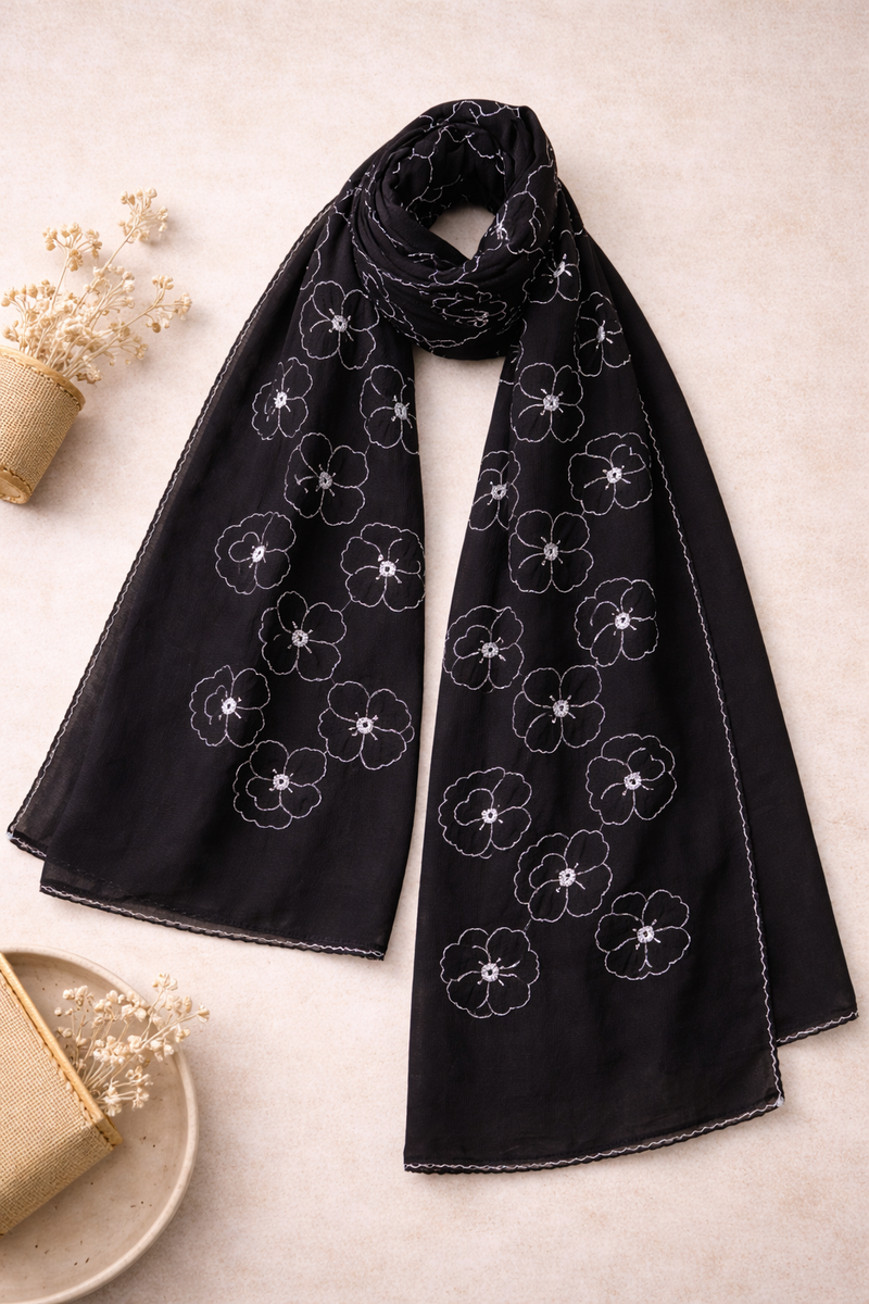 Black Thread Embroidered Scarf with White Floral Motifs and Fine Edge Finish