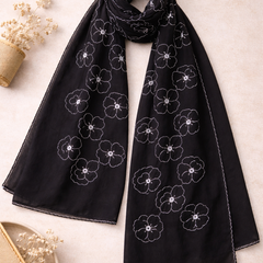 Black Thread Embroidered Scarf with White Floral Motifs and Fine Edge Finish