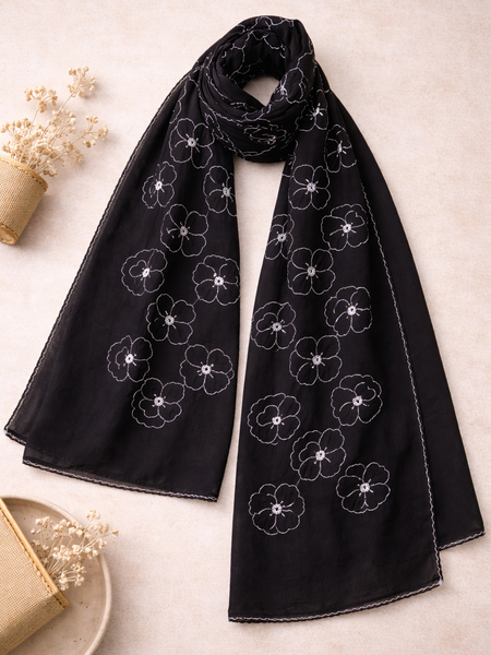 Black Thread Embroidered Scarf with White Floral Motifs and Fine Edge Finish