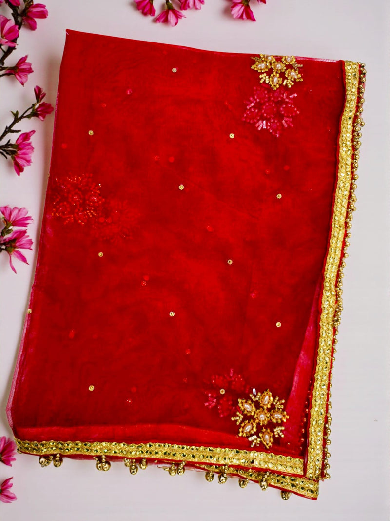 Red Bridal Net Dupatta with Golden Embroidery & Beaded Lace Border – Lightweight Wedding Dupatta