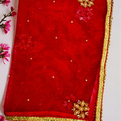 Red Bridal Net Dupatta with Golden Embroidery & Beaded Lace Border – Lightweight Wedding Dupatta