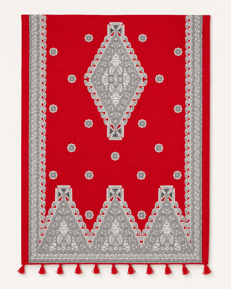 Women’s Red Art Silk Traditional Printed Dupatta with Contrast Border and Tassels