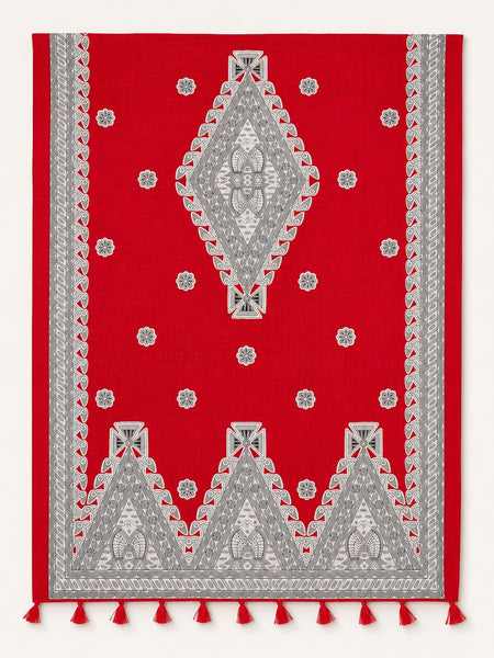 Women’s Red Art Silk Traditional Printed Dupatta with Contrast Border and Tassels