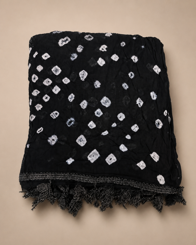 Women’s Black Cotton Chunari Bandhani Printed Dupatta with Tassels