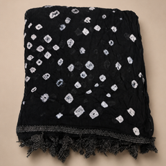 Women’s Black Cotton Chunari Bandhani Printed Dupatta with Tassels