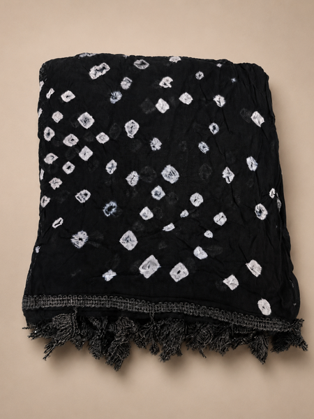 Women’s Black Cotton Chunari Bandhani Printed Dupatta with Tassels