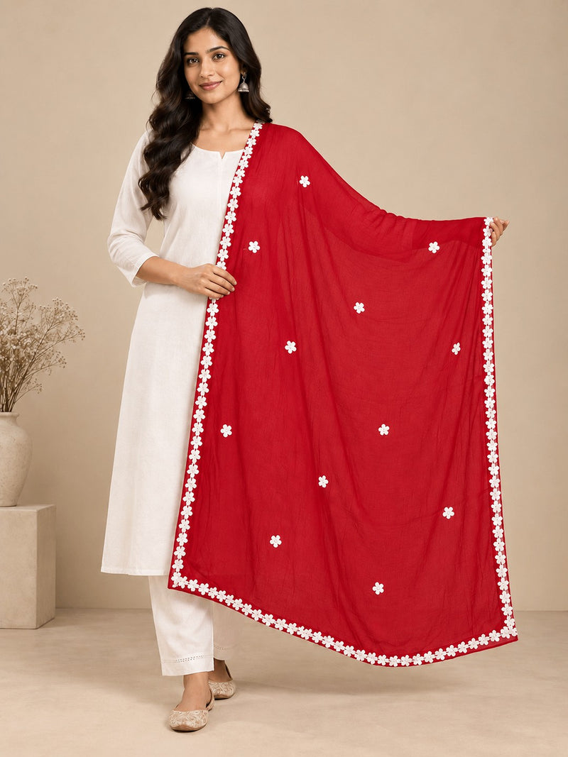 Red Chiffon Dupatta with White Floral Lace