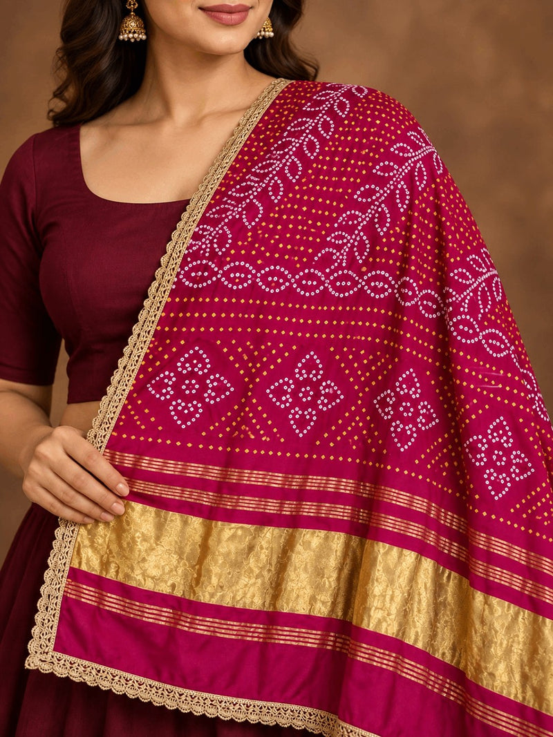 Gaji Silk Printed Dupatta with Gold Border & Lace Edging