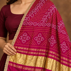 Gaji Silk Printed Dupatta with Gold Border & Lace Edging
