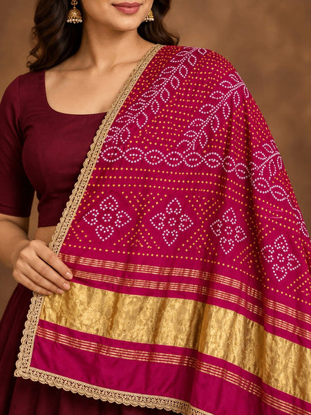 Gaji Silk Printed Dupatta with Gold Border & Lace Edging