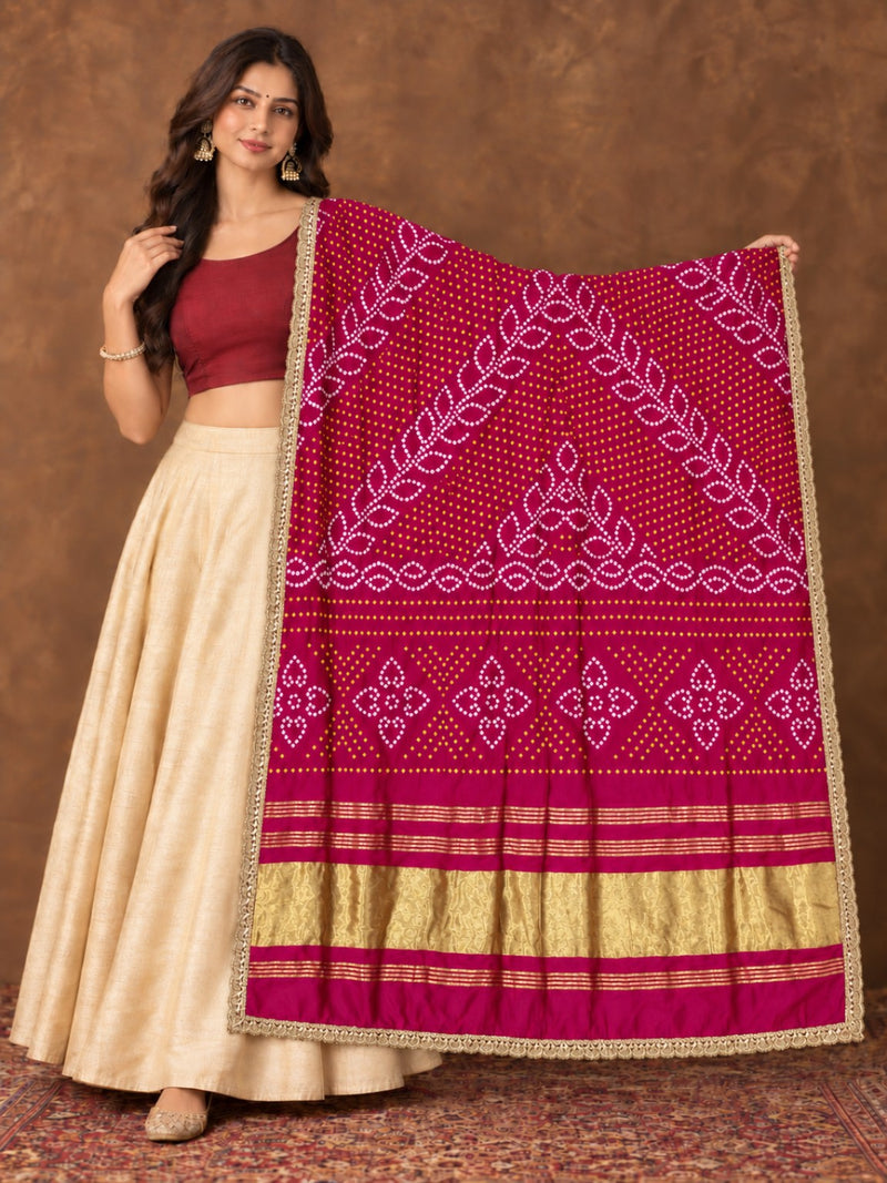 Gaji Silk Printed Dupatta with Gold Border & Lace Edging
