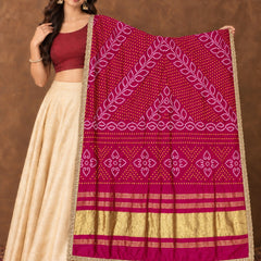 Gaji Silk Printed Dupatta with Gold Border & Lace Edging