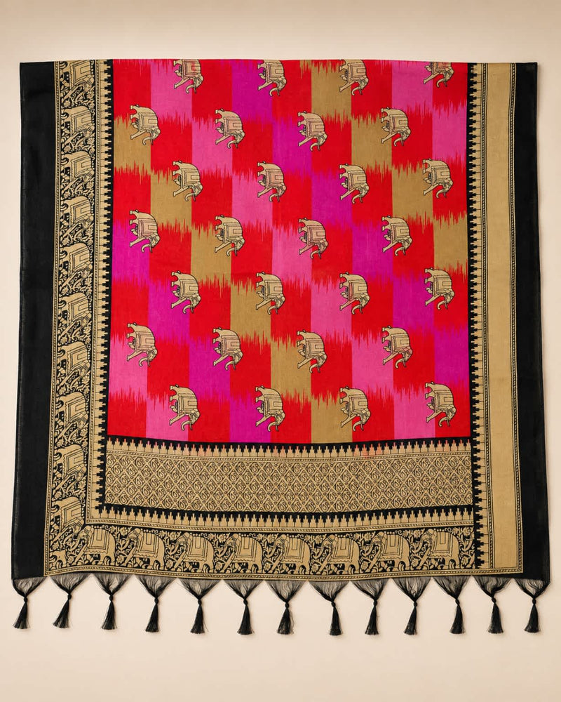 Multicolour Art Silk Elephant Printed Dupatta with Black Border & Tassels for Women