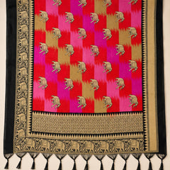 Multicolour Art Silk Elephant Printed Dupatta with Black Border & Tassels for Women